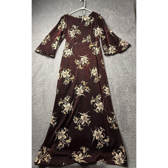 Vintage Japanese Dress Women's Size 13 Red Floral Long Sleeve Maxi - Picture 1 of 15